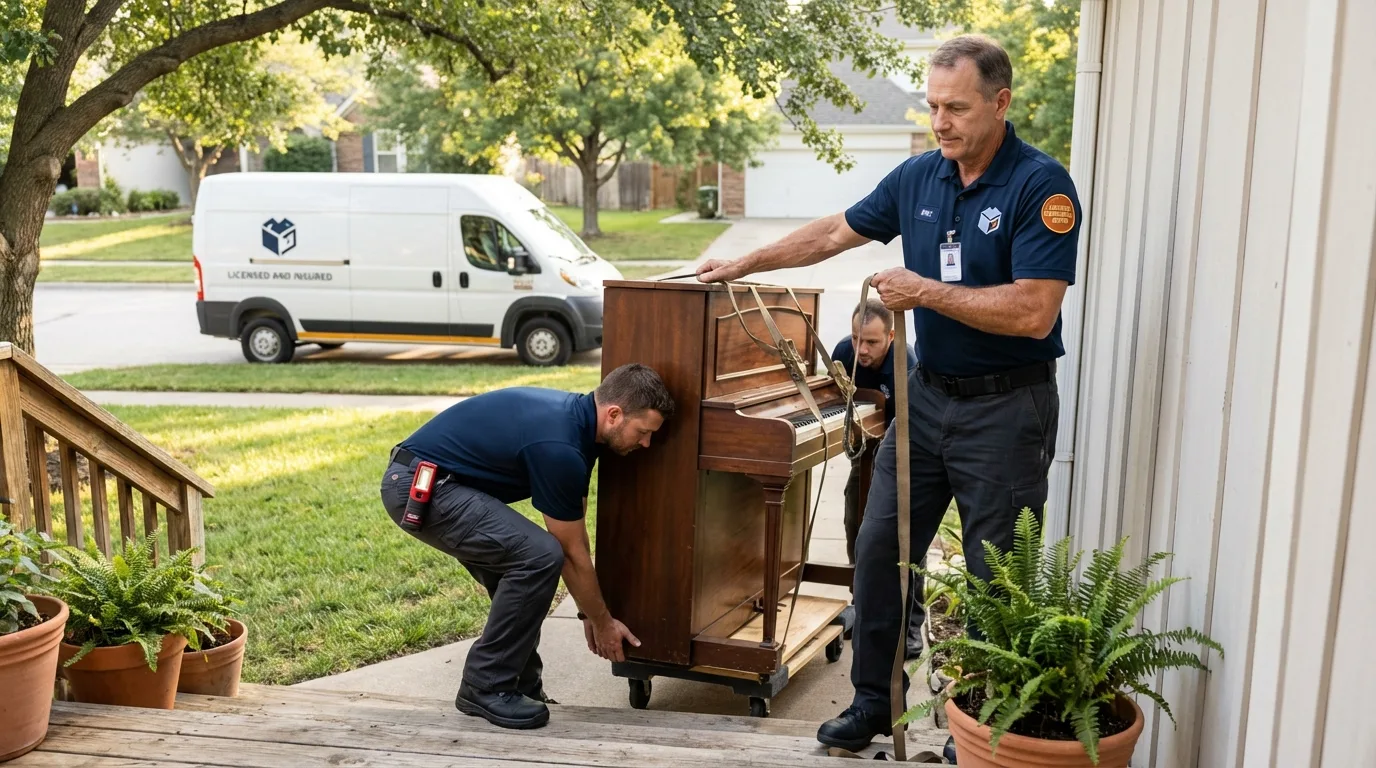 Licensed piano movers securing grand piano in Keokuk, IA