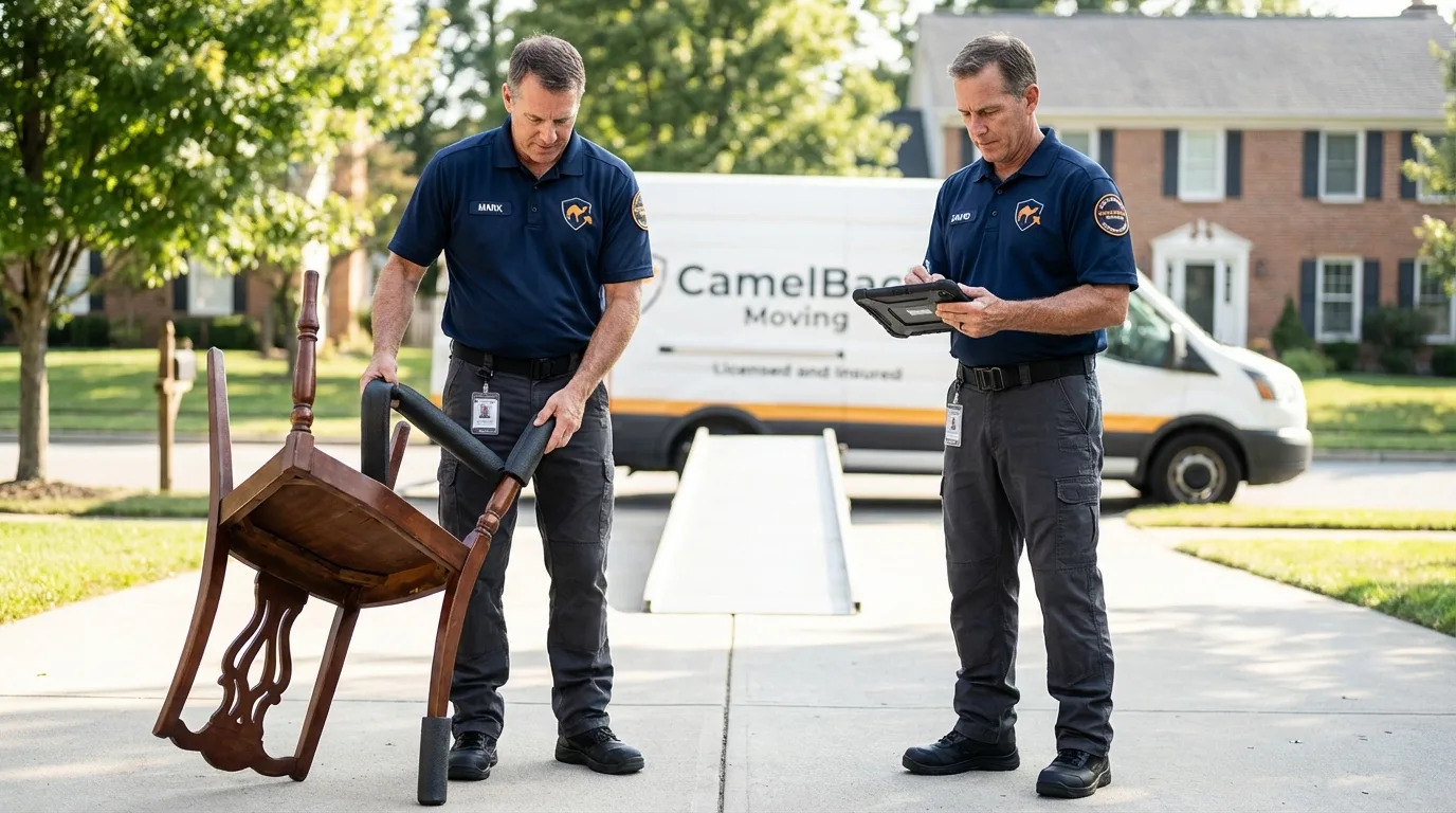Movers inspecting furniture for damage prevention before loading in Keokuk, IA