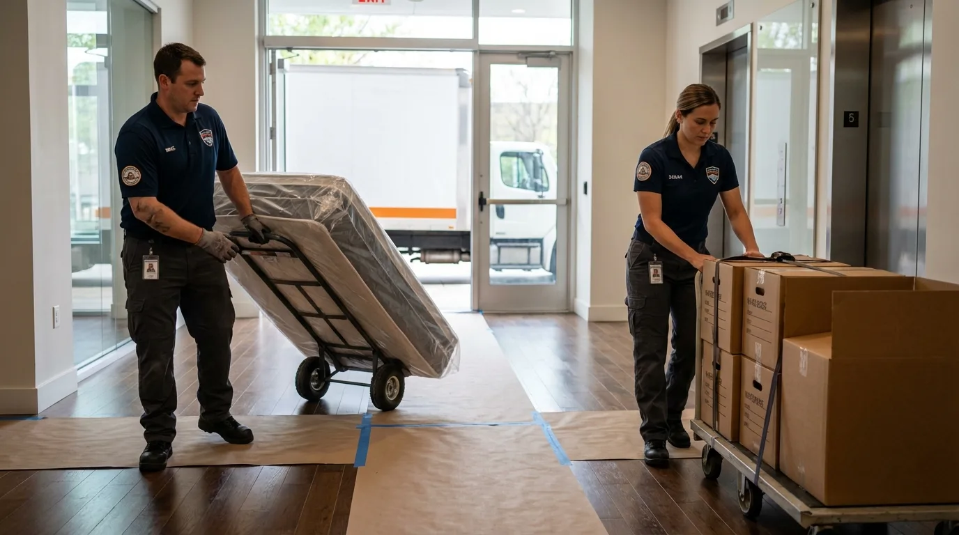 Professional apartment movers loading elevator in Keokuk, IA